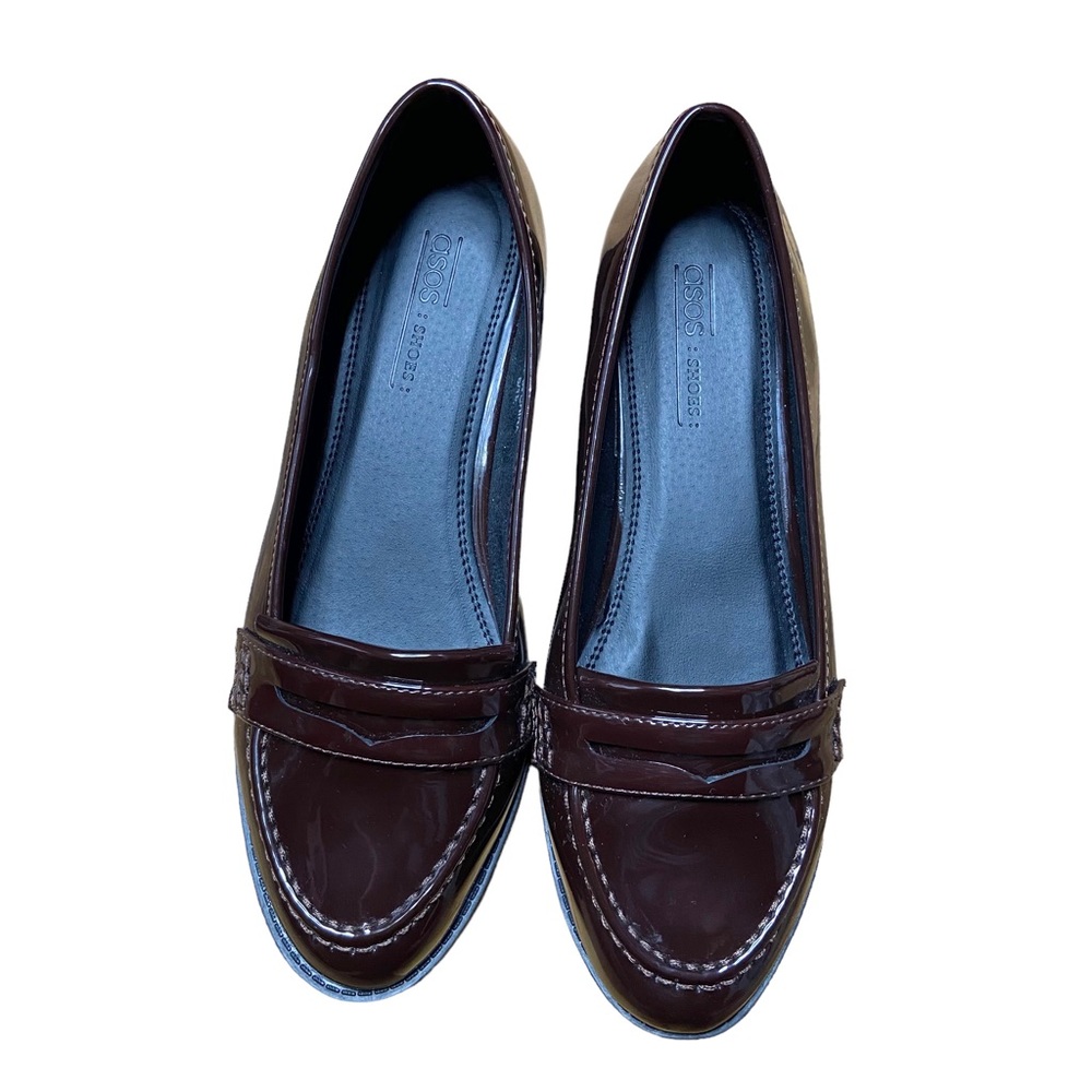 ASOS Penny Loafers Brown Faux Patent Leather Slip On Shoes Size 6W